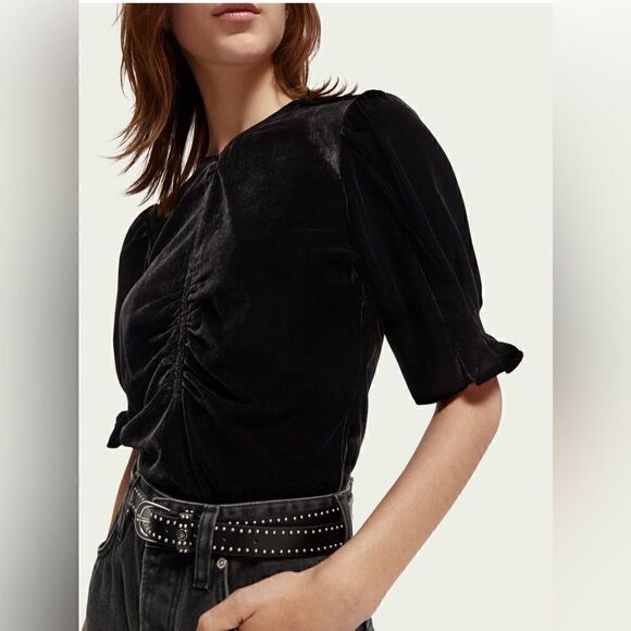 Scotch & Soda Ruched puff-sleeved velvet black top size L. NWT - Picture 1 of 13